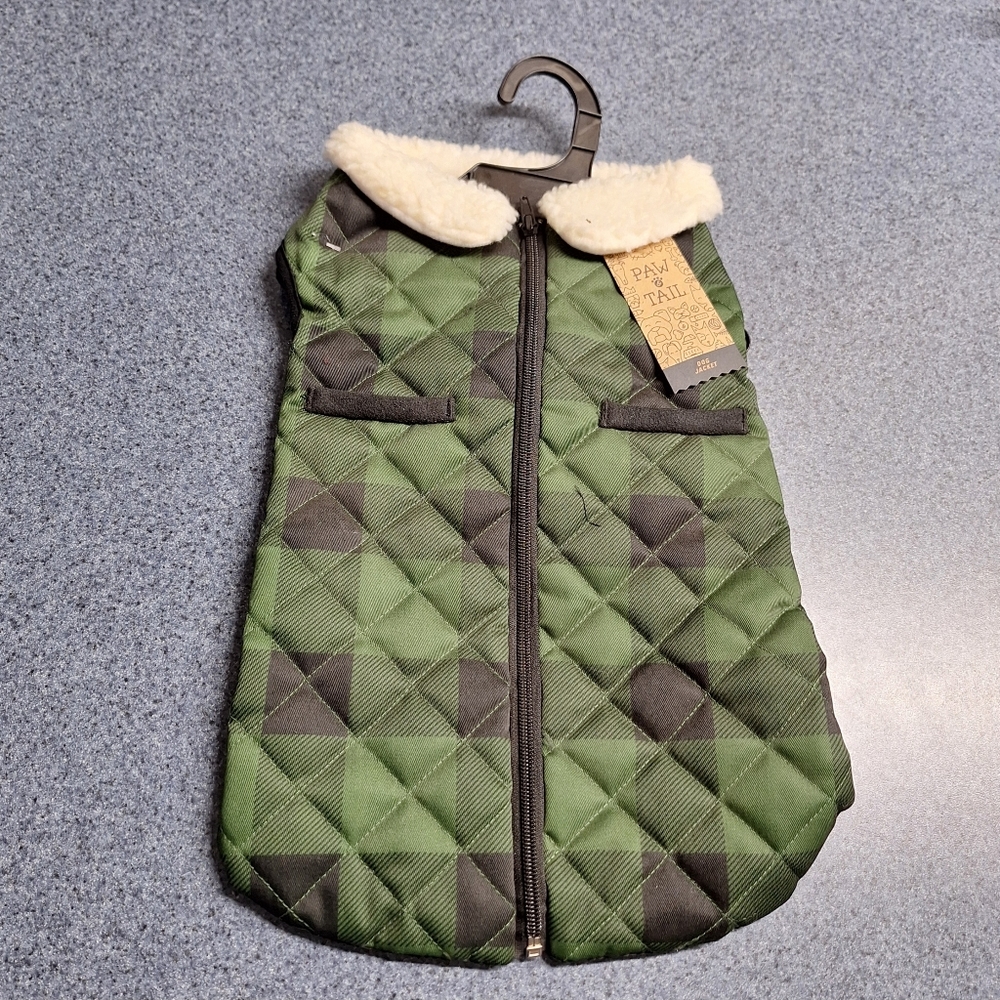 Paw & Tail Green Quilted Plaid Jacket with Sherpa Collar, Size M, RN#93677, NWT
